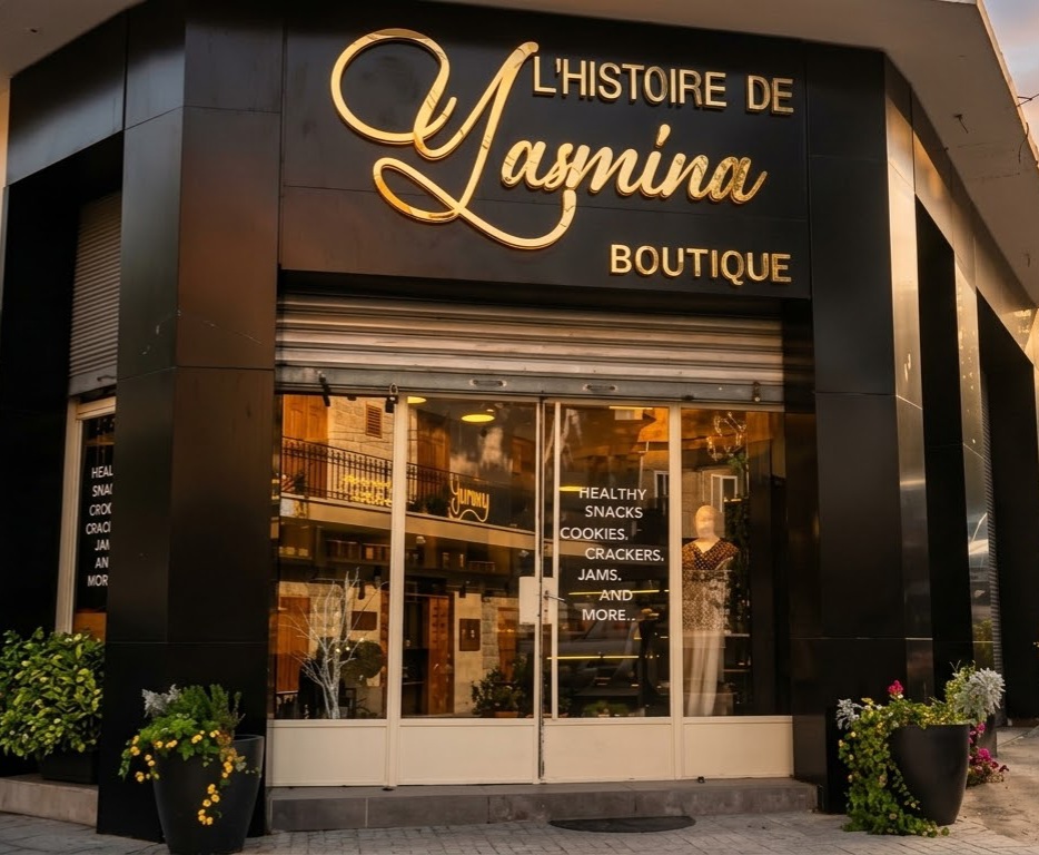 The L'histoire de Yasmina boutique front in Jezzine at golden hour, with gold lettering and window signs for healthy snacks, cookies, crackers and jams
